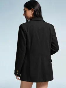 Detailed back view of a black suede blazer, showing tailored back seam and cuff button detail.