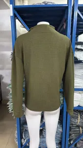 Green waffle knit sweater back detail, casual long sleeve pullover top for women.