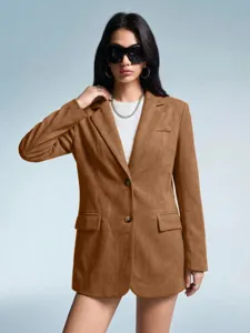 Women brown suede blazer detail shot, classic lapel double-button chic outerwear.