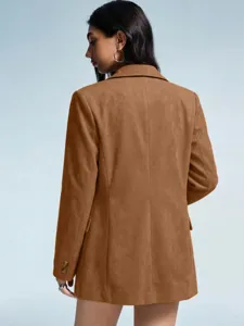 Brown suede blazer detail showing back design, tailored collar, and buttoned cuffs for women.