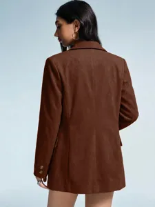 Women brown suede blazer coat stylish winter outerwear long sleeve chic elegant jacket apparel