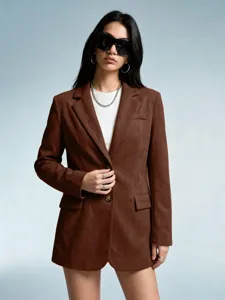 Brown faux suede blazer coat for women, stylish autumn winter outerwear jacket with buttons.