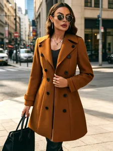 Detailansicht des taillierten zweireihigen Wildleder Trenchcoats für Damen Herbst Winter Mode.