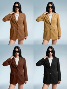 Women Fashion Suede Blazer Solid Color Lapel Button Patchwork Jacket Elegant Commuter Outerwear Casual Office Coat For Ladies