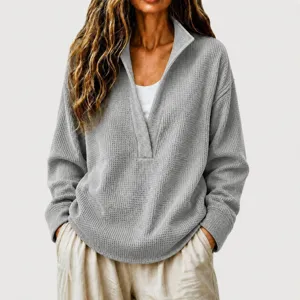Women's grey waffle knit deep V-neck long sleeve casual pullover sweater for daily wear.