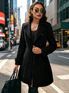 Schwarzer zweireihiger Trenchcoat im Detail mit edlem Wildlederimitat und Knopfdesign.