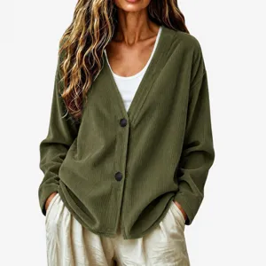 Dettaglio cardigan in maglia a costole scollo V casual, top ampio a manica lunga chic.