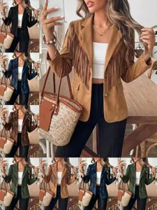 Women Faux Suede Tassel Jacket Lapel Long Sleeve Crop Top Coat Vintage Casual Solid Color Outwear For Autumn Winter
