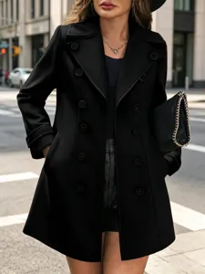 Damen zweireihiger schwarzer Mantel Herbst Winter Wildleder Langarm elegante Jacke