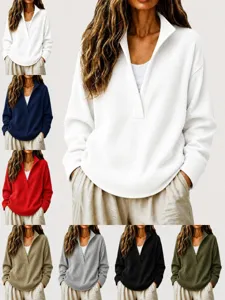 Women Deep V-Neck Ribbed Knit Sweater Elegant Loose Fit Long Sleeve Pullover Casual Solid Color Commuting Knitwear Top