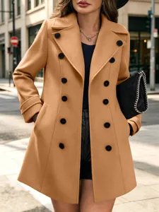 Damen Kamel Zweireiher Mittellange Wildleder Blazer Mantel Herbst Winter Mode Oberbekleidung