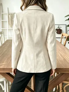 Back view detail of women solid color lapel suede blazer jacket long sleeve autumn coat