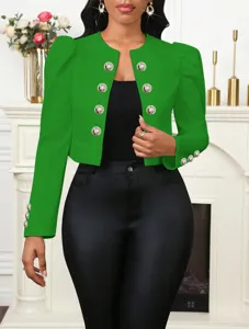 Blazer court vert avec boutons dorés, veste élégante à manches longues pour femmes