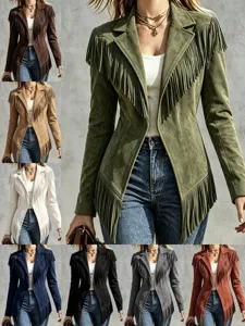Veste en Simili Daim pour Femme à Franges Revers Manches Longues Slim Fit Vintage Style Western Crop Top