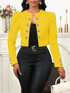 Veste blazer courte jaune pour femme, col rond boutonnée croisée slim manches longues gilet.