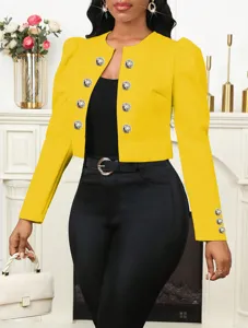 Blazer court jaune pour femme col rond avec boutons slim manches longues veste détail
