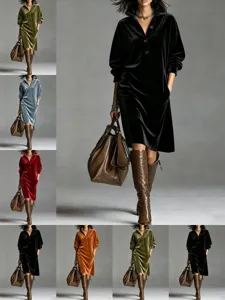 Vestido Midi de Terciopelo de Otoño Invierno para Mujer Casual Solapa Botones Manga Larga Vestido de Terciopelo Recto Suelto para Diario