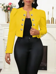 Blazer court jaune femme manches longues bouffantes boutons métalliques mode élégant