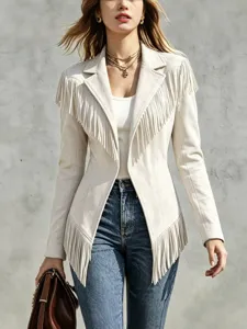 Veste élégante en suédine à franges pour femmes avec revers et manches longues.
