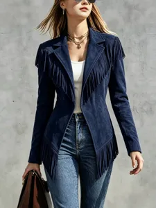 Femme automne hiver daim franges revers manches longues veste haut mode chic neuf
