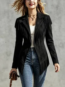 Veste frangée en daim noir pour femme revers slim manches longues mode automne