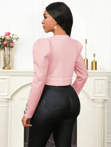 Femme Rose Blazer Court Col Rond Slim Manches Longues Cardigan Veste Chic Élégant