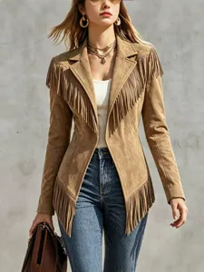 Femme Veste Slim en Daim à Franges Automne Hiver Revers Manches Longues Manteau Vêtement
