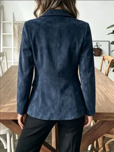 Dark blue faux suede lapel blazer jacket women long sleeve outerwear detail view.
