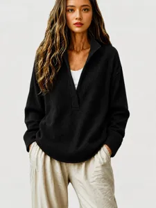 Women casual black waffle knit sweater deep v neck long sleeve top spring fashion daily wear