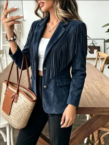 Blue suede fringe jacket for women, stylish long sleeve short outerwear for autumn.