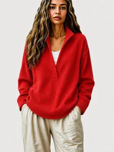 Women red deep V-neck waffle knit sweater casual long sleeve pullover chic spring top