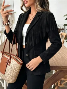 Black suede fringe jacket detail, chic lapel and stylish long sleeve design.