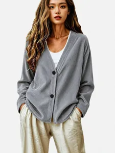 Cardigan donna largo in velluto a coste scollo V maniche lunghe autunno top chic