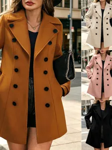 Damen Mittellang Doppelreihig Wildleder Blazer Mantel Slim Fit Revers Langarm Herbst Winter Büro Elegant Outwear