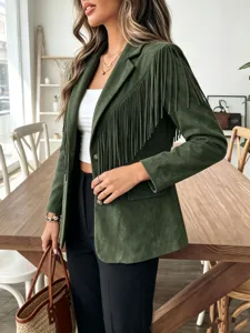 Women green suede fringe jacket casual long sleeve outerwear autumn winter stylish lapel top