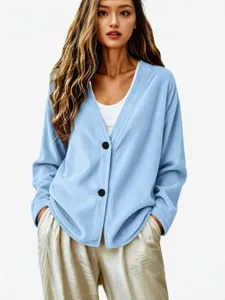 Cardigan Donna Collo a V Manica Lunga Lavorato a Maglia Casual Autunno Bottoni Top