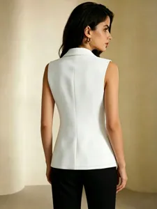 Détail du dos d'un gilet de costume blanc sans manches, col élégant, coupe cintrée.