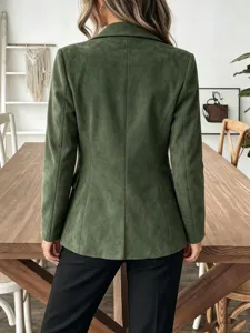 Back view of a trendy dark green suede lapel jacket, featuring long sleeves and slim fit.