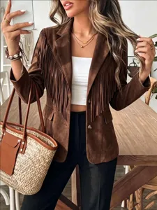 Brown suede fringe jacket detail showing lapel, long sleeves and stylish fringe design.