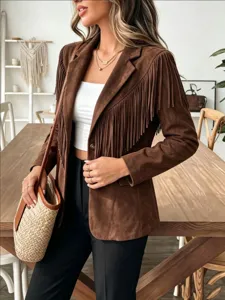 Brown suede fringe jacket detail showing lapel, single-button, and stylish short long sleeves.
