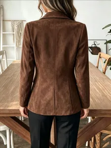 Women brown faux suede blazer jacket back view, stylish lapel long sleeve short outerwear.