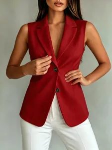 Gilet de Costume Sans Manches Rouge pour Femme Élégant Revers Boutonné Blazer