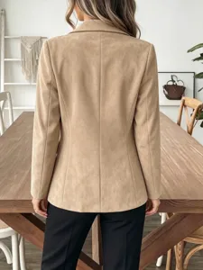 Back view detail of camel faux suede jacket, elegant lapel design for women's autumn wear.