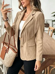 Fringe suede jacket for women, stylish lapel short outerwear with long sleeves. Detail.