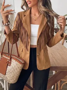 Women fashion faux suede fringe jacket autumn winter casual lapel short outerwear chic