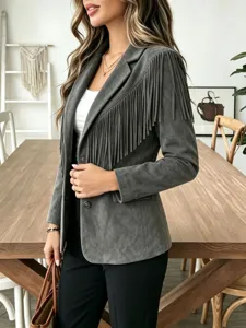 Women suede fringe blazer jacket autumn winter long sleeve lapel casual outerwear top
