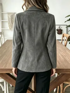 Women grey faux suede jacket lapel long sleeve short coat autumn winter casual outerwear