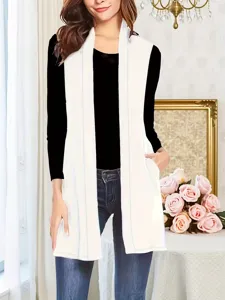 Women Casual Solid Sleeveless Long Vest Gilet Open Front Waistcoat Pockets Autumn Winter Outerwear Cotton Blend Gilet
