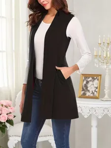 Women's solid color sleeveless cape vest waistcoat detail, casual autumn winter outer layer.