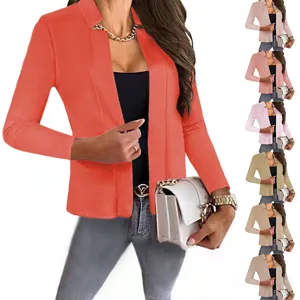 Women casual solid color open front blazer jacket with long sleeves for professional workwear.